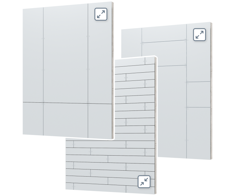 CELLON Fassadenplatten in drei Formaten: grossformatig, kleinformatig und stripes in Holzoptik